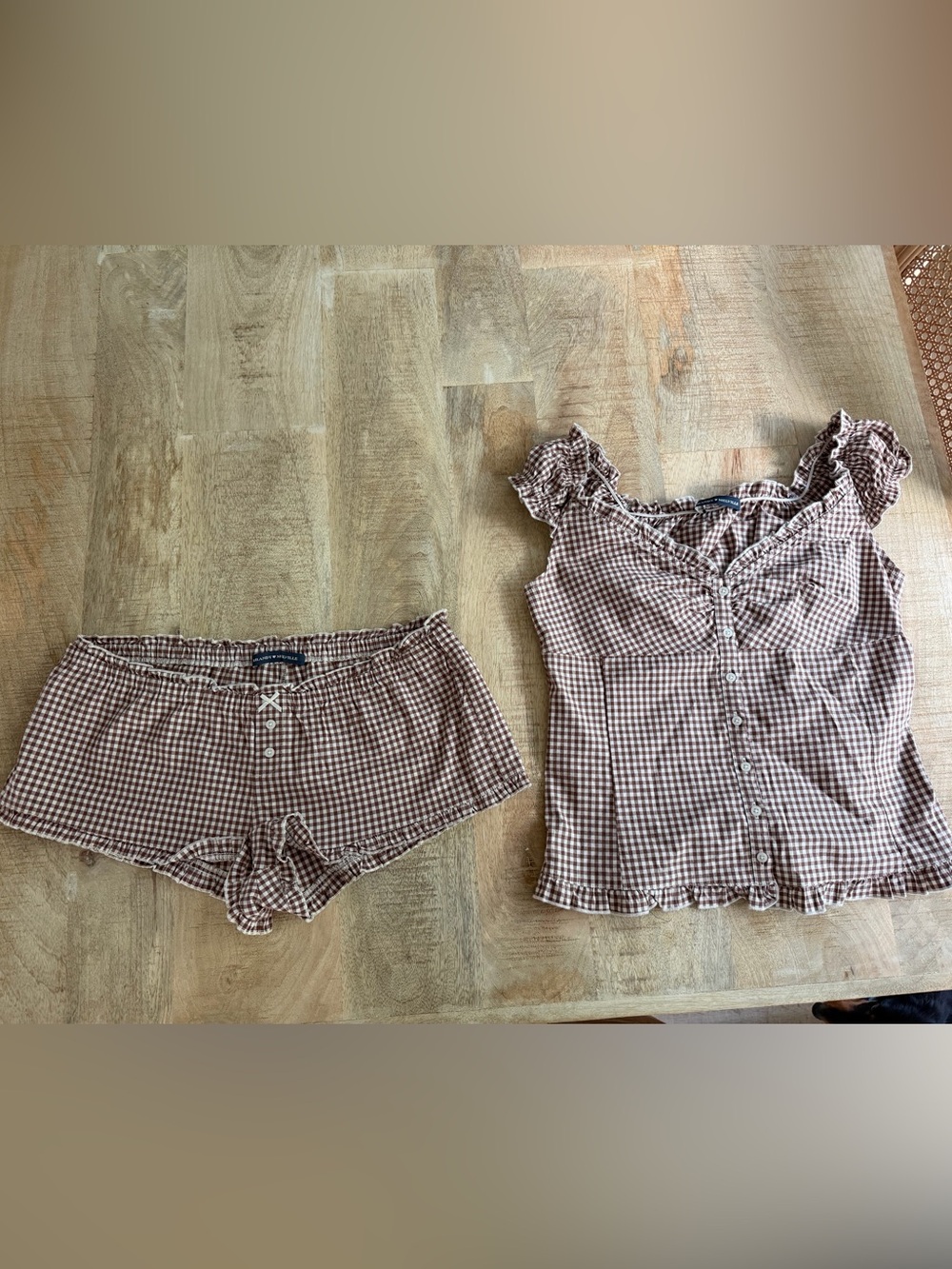 Brandy Melville Brown Gingham Ruffle Pajama Set